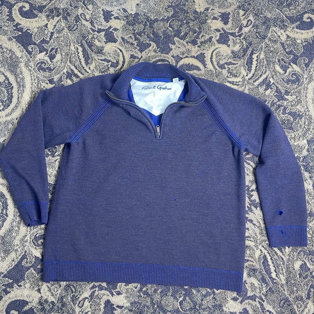 Robert Graham Sweater Women's 2XL Blue Purple Knit Wool 1/4 Zip Pullover Flawed